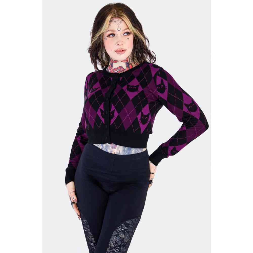 Jawbreaker - Argyle Cat Knitted Crop Cardigan - Paars